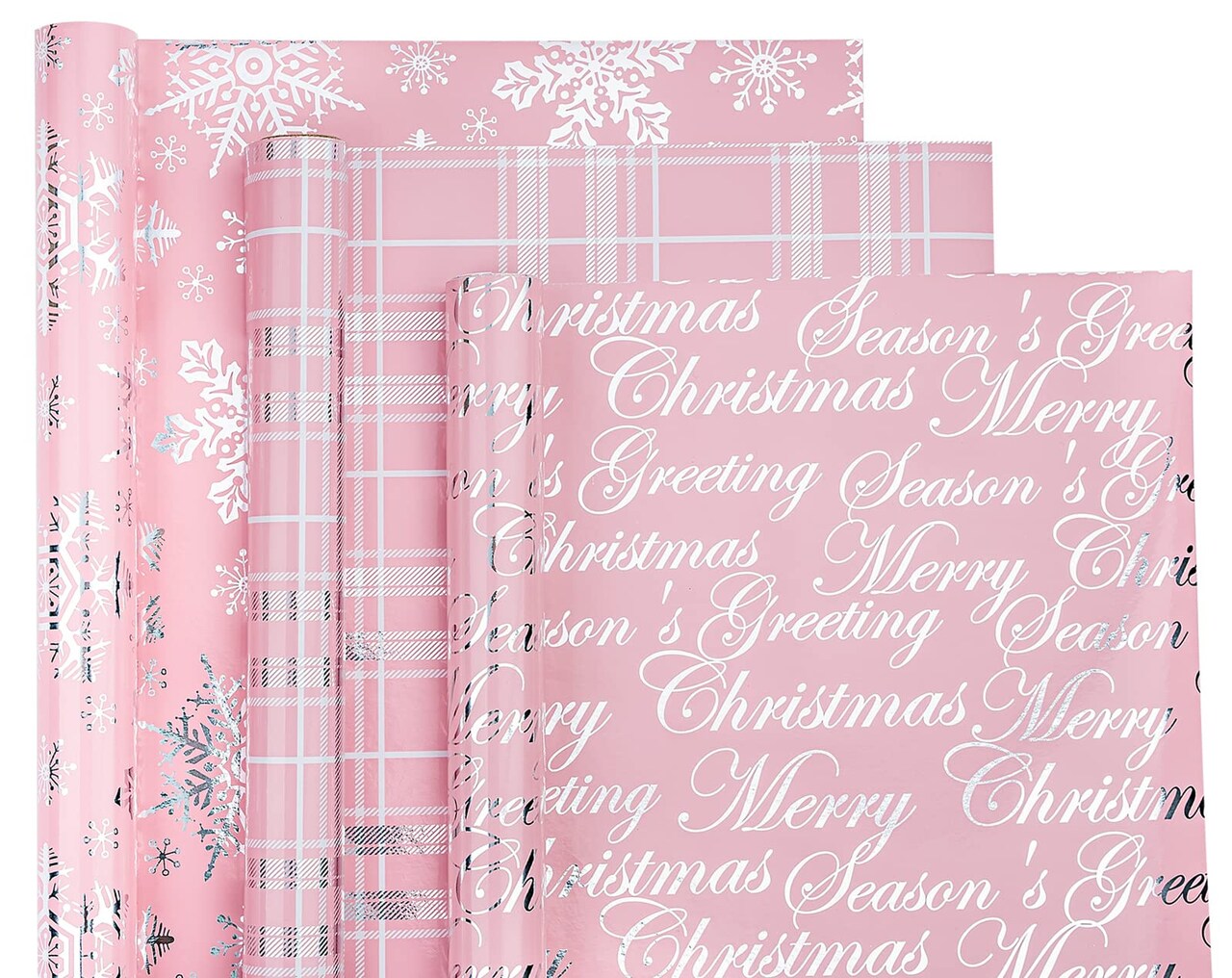 Christmas Wrapping Paper Roll - Mini Roll - 3 Rolls - 17 Inch X 120 Inch Per Roll - Pink with Silver Metallic Foil Snowflake, Plaid, Merry Christmas Lettering